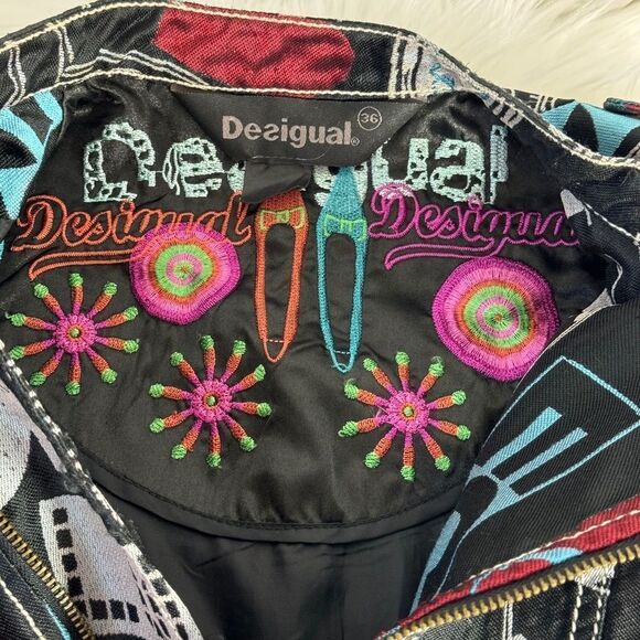 Desigual Black Multicolor Print Moto Bomber Jacket Sz 36/US XS Size 4 - Picture 9 of 12